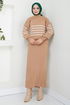 Gestreift Hijab Kleid 9014UZ1029-M Latte - Thumbnail