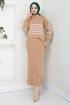 Gestreift Hijab Kleid 9014UZ1029-M Latte - Thumbnail