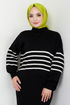 Gestreift Hijab Kleid 9014UZ1029-M Schwarz - Thumbnail