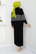 Gestreift Hijab Kleid 9014UZ1029-M Schwarz - Thumbnail