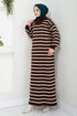 Gestreift Strickwaren Kleid 6025KL1035-M Kaffee - Thumbnail