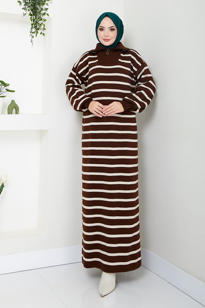 MRV K.L.N. - Gestreift Strickwaren Kleid 6025KL1035-M Kaffee