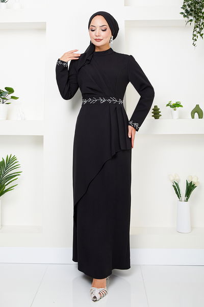 MRV K.T.R. - Griffe Gestickt Hijab Abendkleid 4047KTR927-M Schwarz