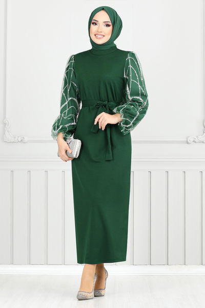 MRV E.N.D. - Griffe Silbrig Hijab Abendkleid 5601END900-M Smaragde