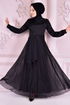 Guipur Detail Silvery Evening dress Black ASM10022 - Thumbnail