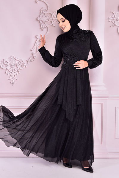 ASM - Gupur Details Silbrig Abendkleid Schwarz KBR10022
