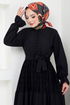 Halb Knopfleiste Hijab Kleid 2448HBS932-M Schwarz - Thumbnail