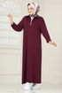 Half Zippered Oyso Fabric Dress 4588NES1021-M Burgundy - Thumbnail