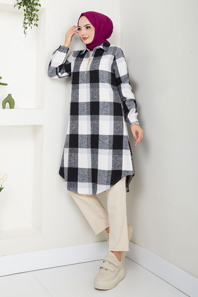 MRV S.V.L. - Half Zippered Plaid Tunic 6915S982-M Black