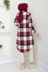 Half Zippered Plaid Tunic 6915S982-M Burgundy - Thumbnail