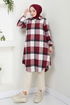 Half Zippered Plaid Tunic 6915S982-M Burgundy - Thumbnail