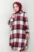 Half Zippered Plaid Tunic 6915S982-M Burgundy - Thumbnail