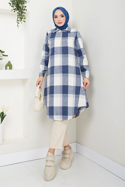 MRV S.V.L. - Half Zippered Plaid Tunic 6915S982-M Indigo