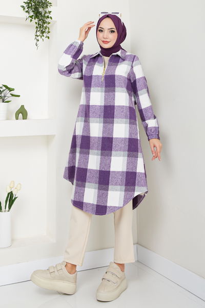 MRV S.V.L. - Half Zippered Plaid Tunic 6915S982-M Lilac