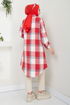 Half Zippered Plaid Tunic 6915S982-M Red - Thumbnail