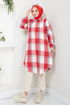 Half Zippered Plaid Tunic 6915S982-M Red - Thumbnail