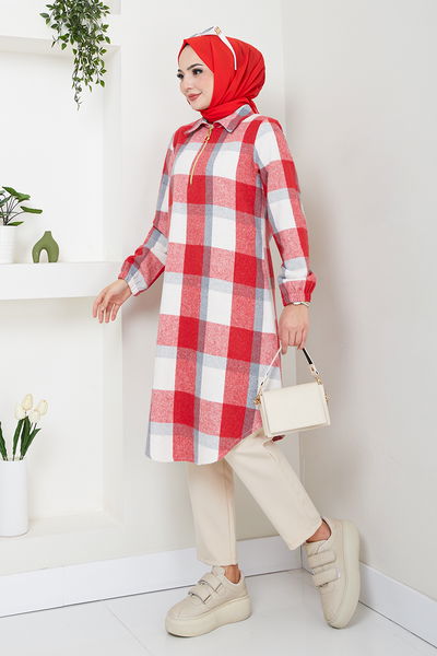 MRV S.V.L. - Half Zippered Plaid Tunic 6915S982-M Red