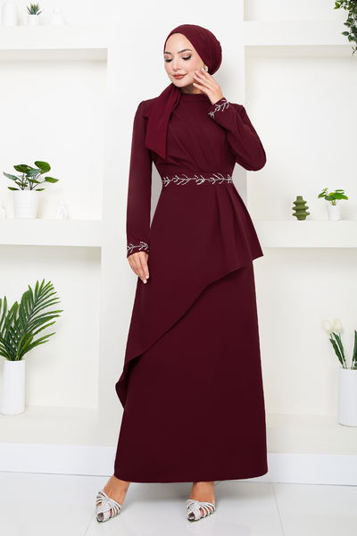 MRV K.T.R. - Handles Embroidered Hijab Evening dress 4047KTR927-M Burgundy