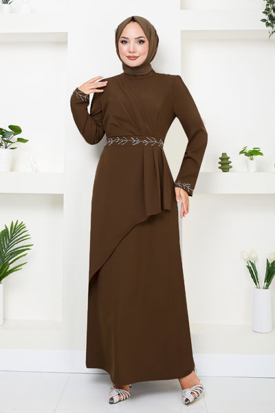 MRV K.T.R. - Handles Embroidered Hijab Evening dress 4047KTR927-M Coffee