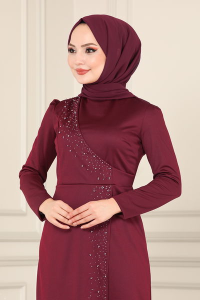 A.S.M.K. - İnci Detay Abiye Elbise 2459ASMK1074-MS Bordo - 389772