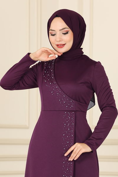 A.S.M.K. - İnci Detay Abiye Elbise 2459ASMK1074-MS Mürdüm - 389796