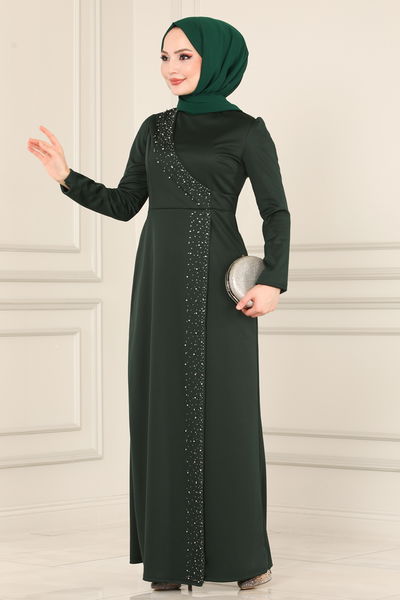 A.S.M.K. - İnci Detay Abiye Elbise 2459ASMK1074-MS Zümrüt - 389784