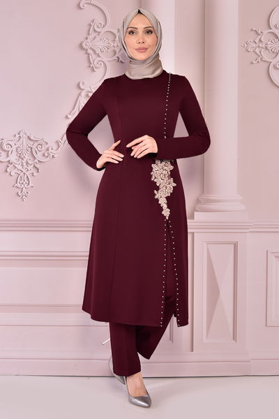 ASM - İncili Kombin Bordo ASM2458
