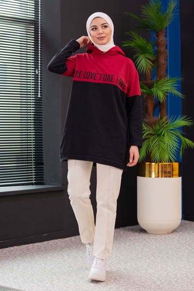 TFS - Kapüşonlu Love Baskılı Tunik Bordo TFS13430