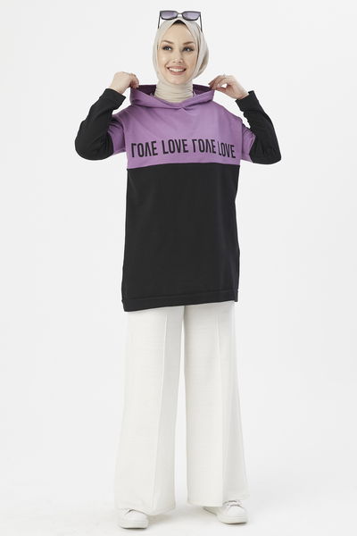 TFS - Kapüşonlu Love Baskılı Tunik Lila TFS13430