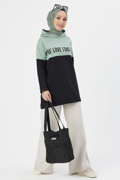 TFS - Kapüşonlu Love Baskılı Tunik Mint TFS13430