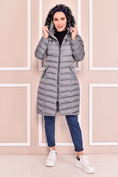 YMR - Kapüşonlu Şişme Mont Gri YMR11060