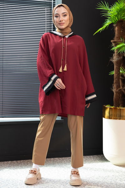 TFS - Kapüşonlu Yarasa Kol Tunik Bordo TFS3979