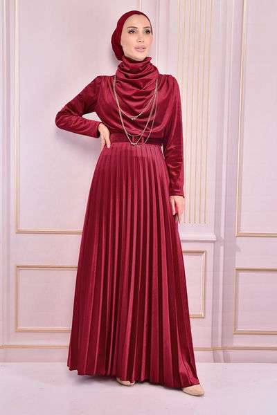 NEV - Kemerli Kadife Abiye Kırmızı NEV14967
