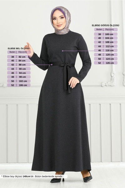 MRV U.K.B. - Kemerli Balıksırtı Elbise 22033UKB929-M Siyah