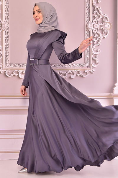 NEV - Kemerli Saten Abiye Antrasit NEV14862