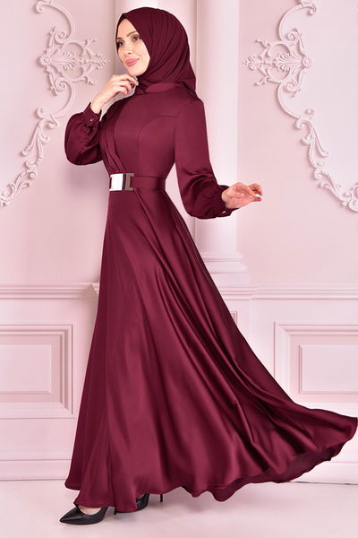 NEV - Kemerli Saten Abiye Bordo NEV14861