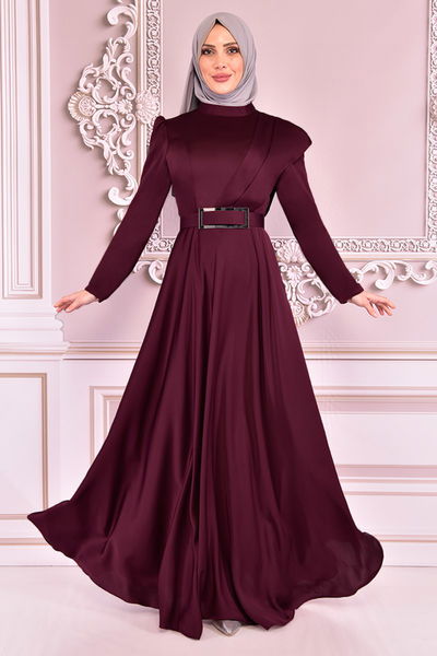 NEV - Kemerli Saten Abiye Bordo NEV14862