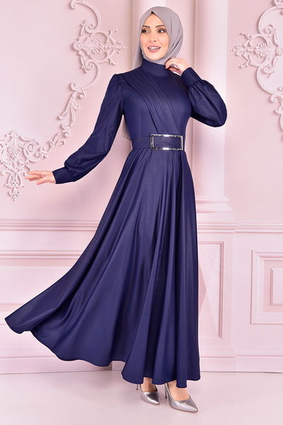 ASM - Kemerli Saten Elbise İndigo ASM2464