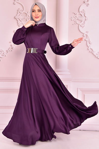 NEV - Kemerli Saten Abiye Mor NEV14861