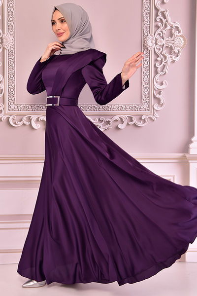 NEV - Kemerli Saten Abiye Mor NEV14862