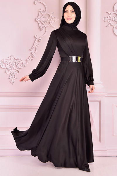 NEV - Kemerli Saten Abiye Siyah NEV14861