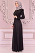 Kemerli Saten Abiye Siyah NEV14862 - Thumbnail