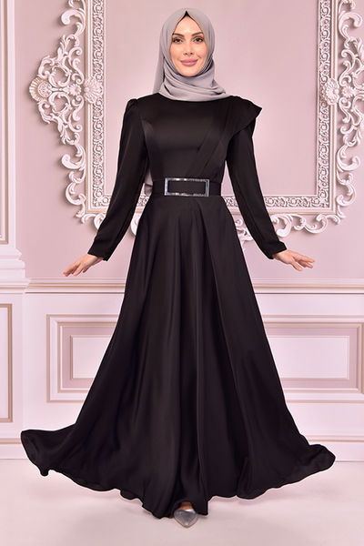 NEV - Kemerli Saten Abiye Siyah NEV14862