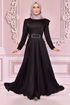 Kemerli Saten Abiye Siyah NEV14862 - Thumbnail