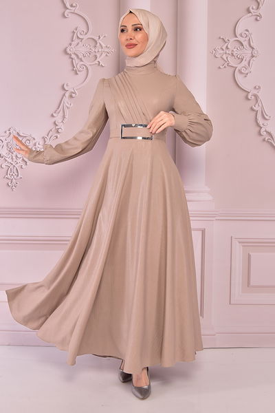 ASM - Kemerli Saten Elbise Vizon ASM2464