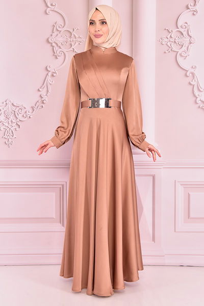 NEV - Kemerli Saten Abiye Vizon NEV14861
