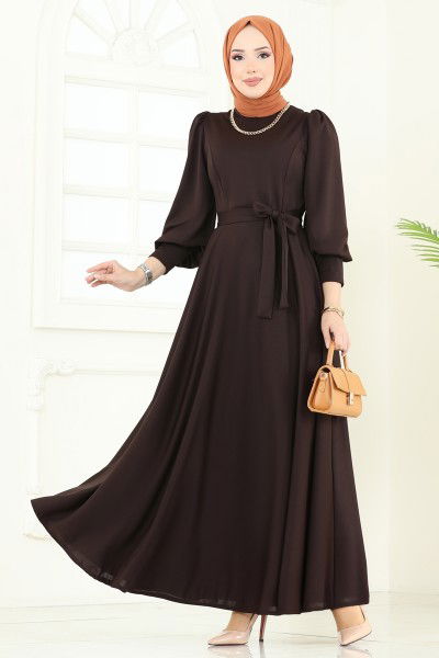 A.L.G. - Kemerli Tesettür Elbise 4539ALG474-MS Acı Kahve