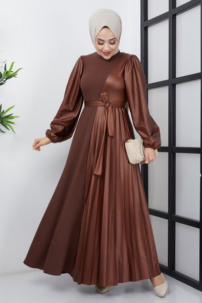 ZNK - Knitwear Detailed Leather Dress ZNK4666 Brown