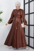 Knitwear Detailed Leather Dress ZNK4666 Brown - Thumbnail