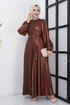 Knitwear Detailed Leather Dress ZNK4666 Brown - Thumbnail